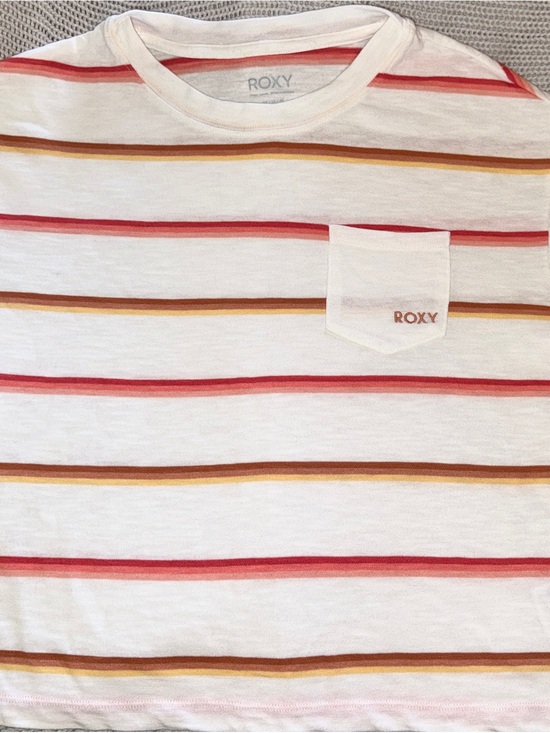 Roxy Tops - Roxy Women’s White Striped Pocket Tee with Red & Mustard Accents, Size Medium
